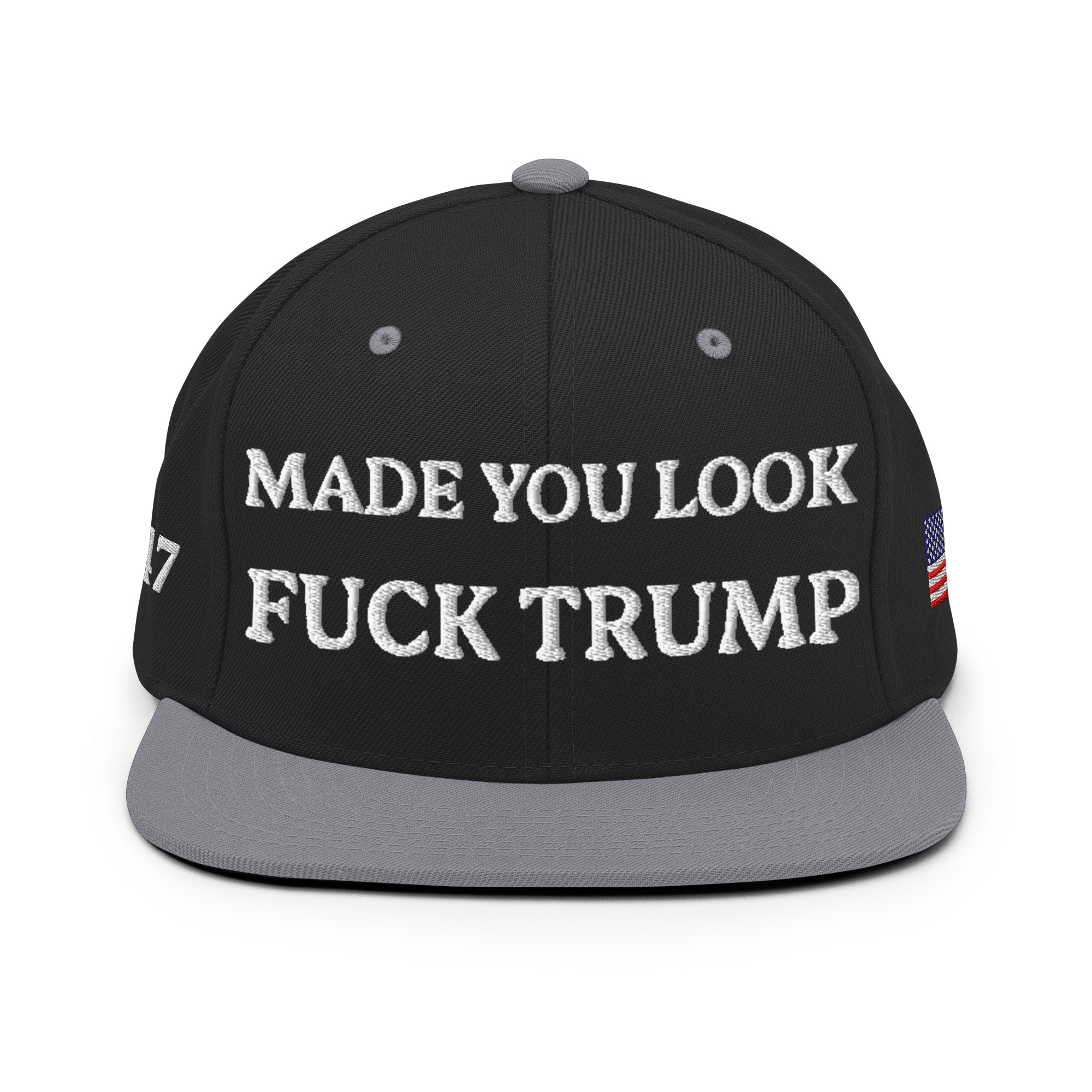 classic-snapback-black-silver-front-6aa59eccd56eb.jpg Made You Look - F*ck Trump Snapback Hat - Image 5