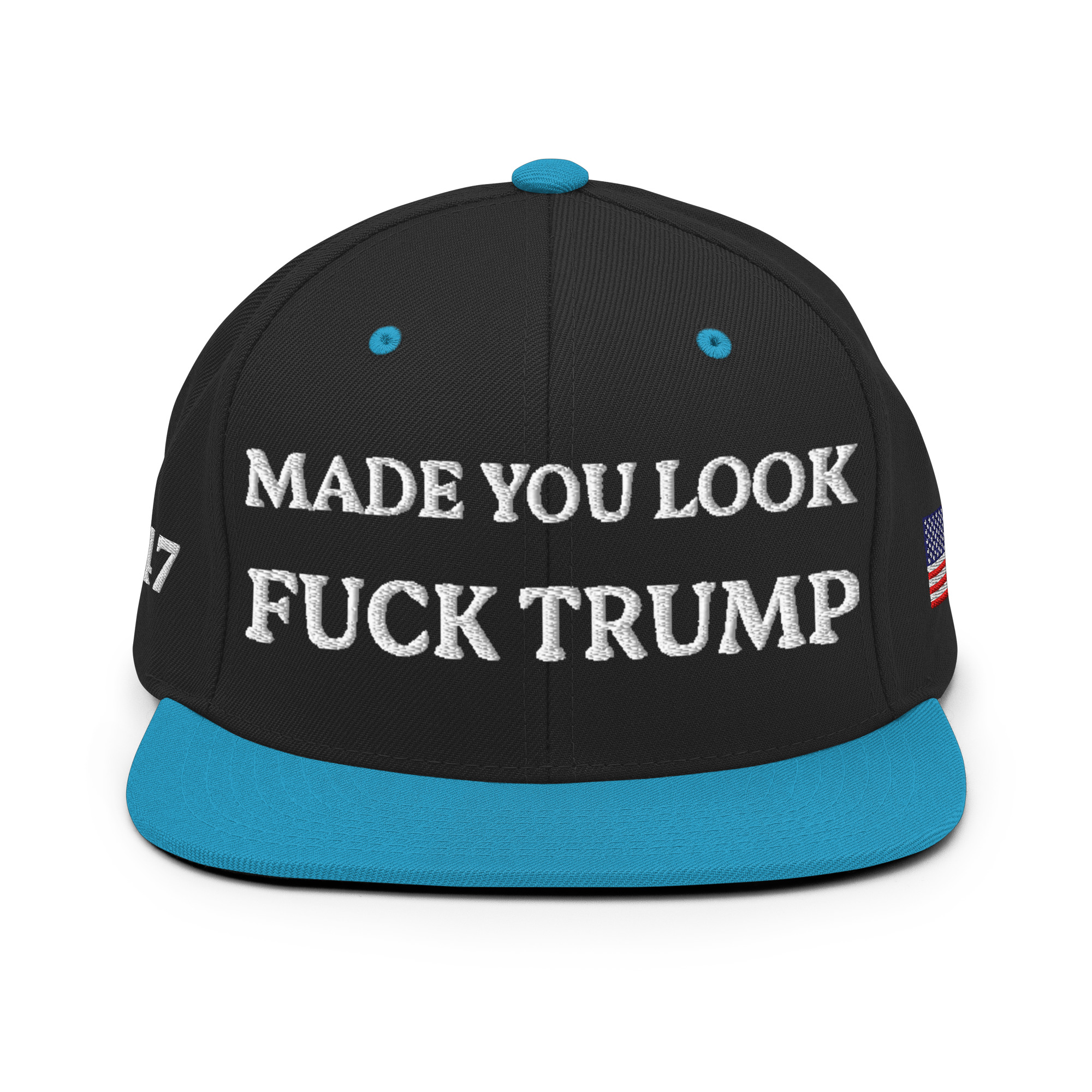 classic-snapback-black-teal-front-6aa59eccd5719.jpg Made You Look - F*ck Trump Snapback Hat - Image 6