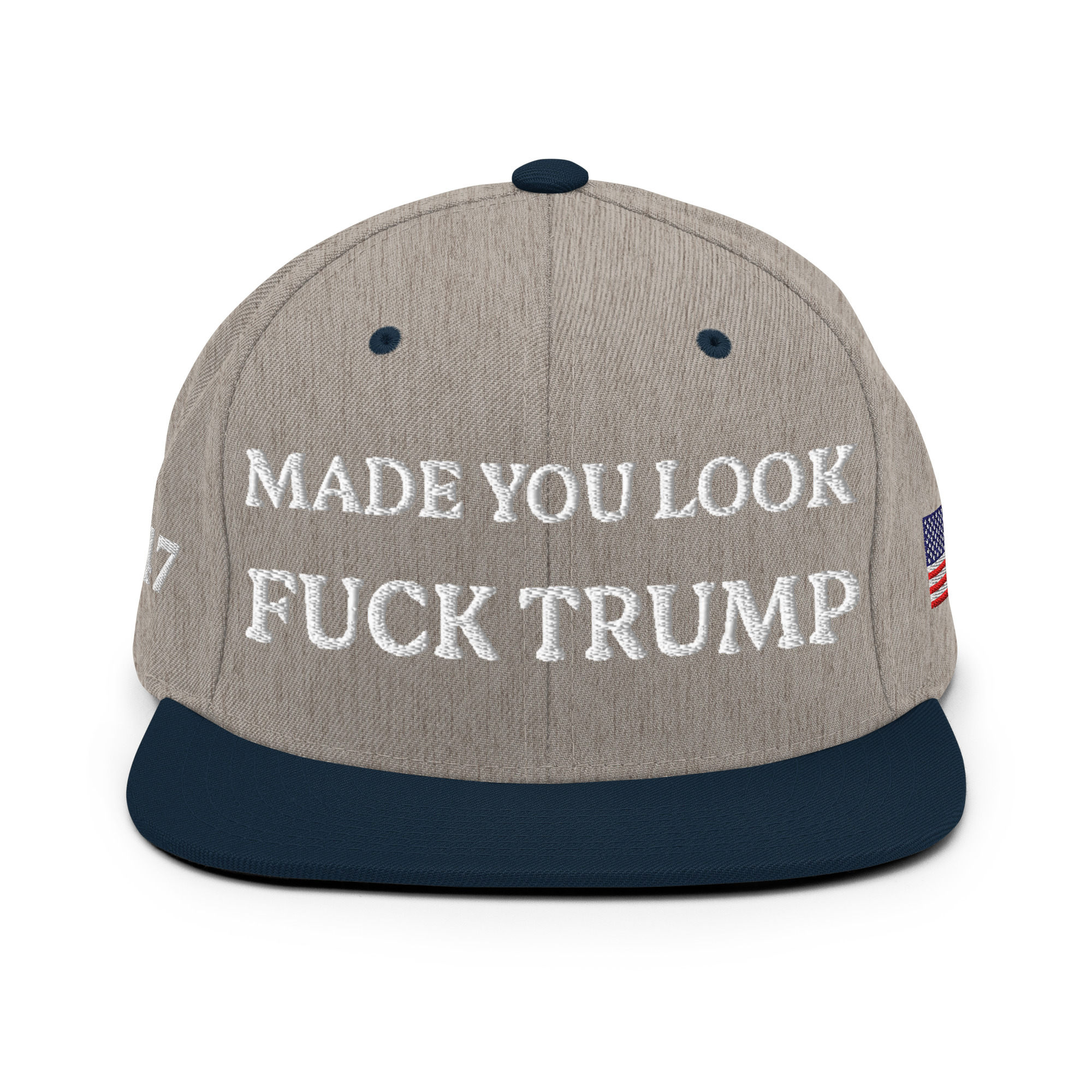 classic-snapback-heather-grey-navy-front-6aa59eccd57f7.jpg Made You Look - F*ck Trump Snapback Hat - Image 11