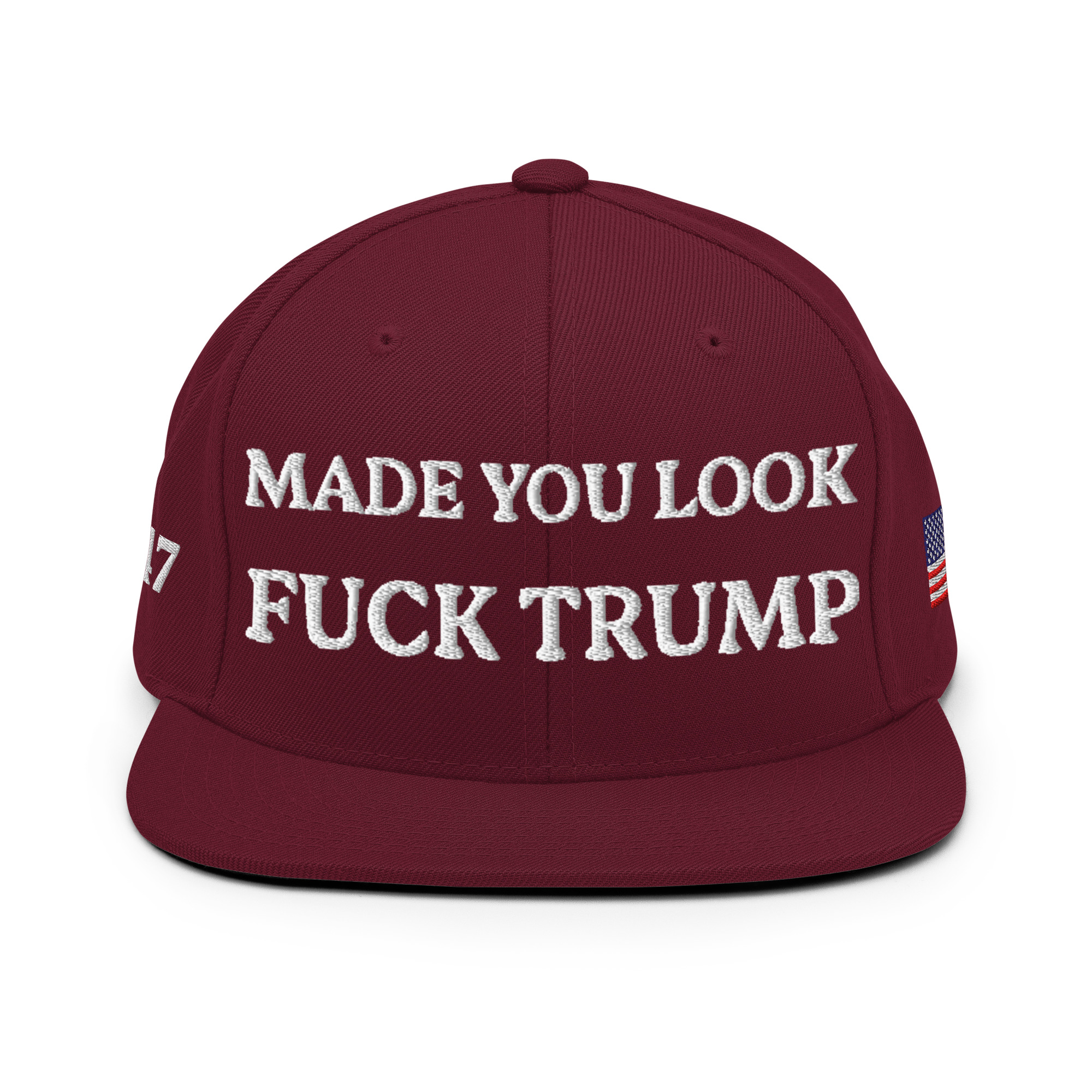 classic-snapback-maroon-front-6aa59eccd58d2.jpg Made You Look - F*ck Trump Snapback Hat - Image 16